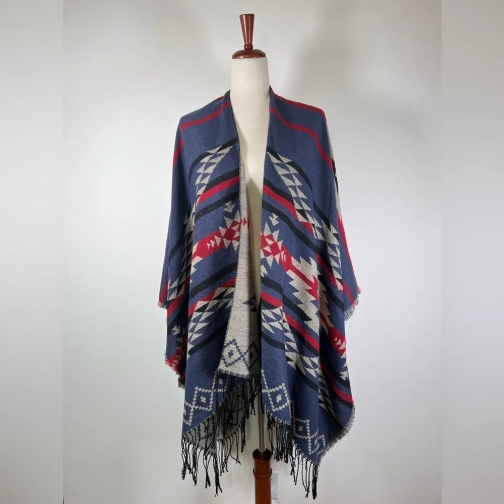 Aztec Southwestern Shawl Scarf Fringe Blue Red Geometric‎ Poncho Cape Open Front